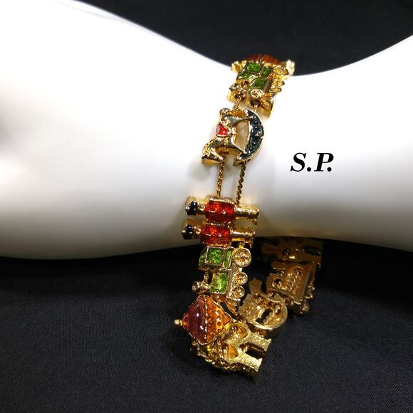 Vintage Christmas Charm Bracelet, Two Chain Slider, 1960s Jewelry - Picture 1 of 10